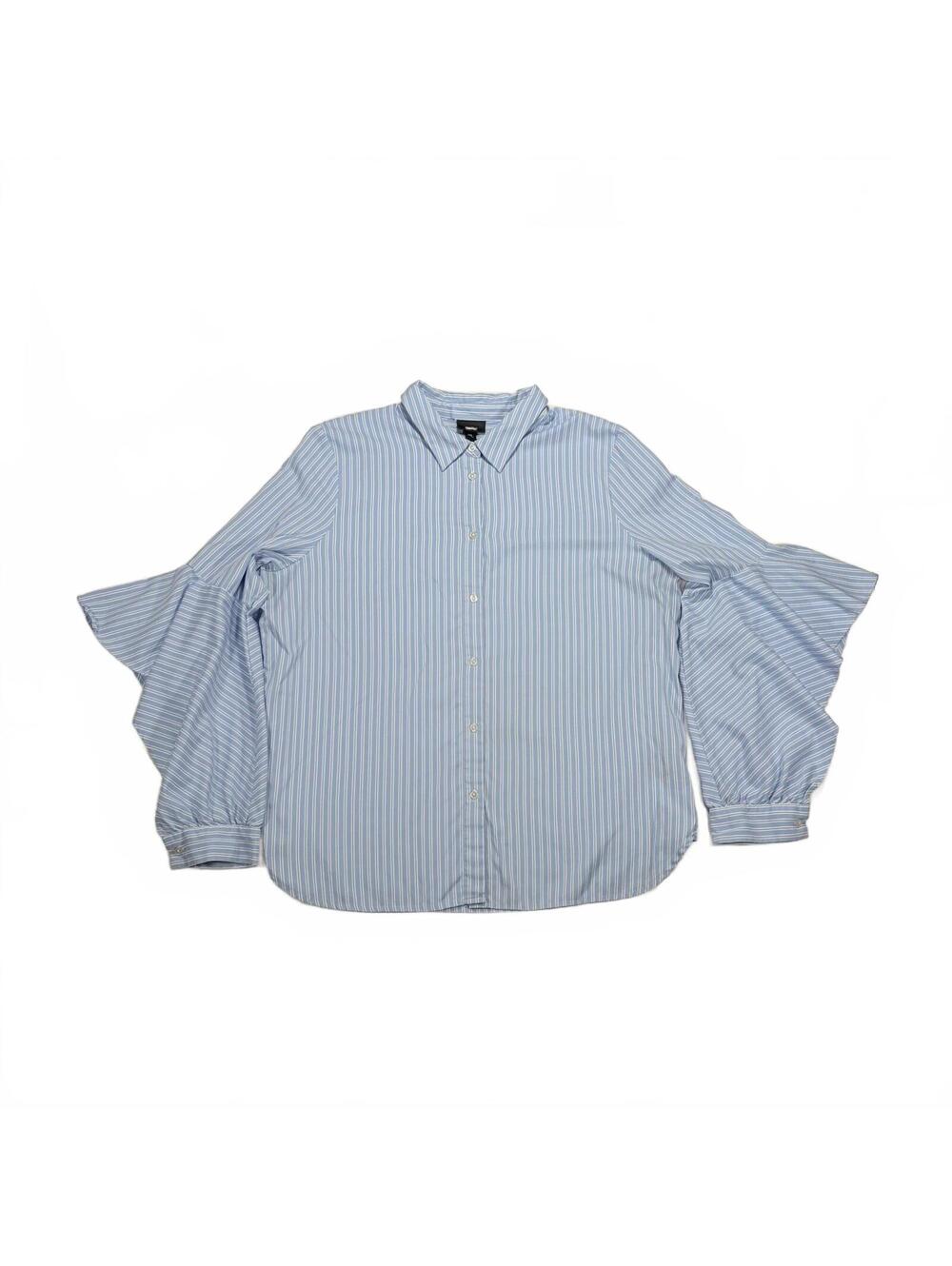 Pin Striped Button Down Flutter Sleeves Soft Blue Lightweight